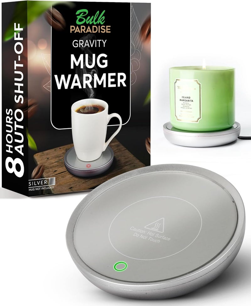 BULK PARADISE Coffee Mug Warmer with Auto Shut-Off – Compact 17W Cup Warmer for Desk with Gravity Switch – Electric Candle Warmer Plate for Jar Candles – Keeps Coffee, Tea & Drinks Warm – Safe & Durable (Silver) - Image 1